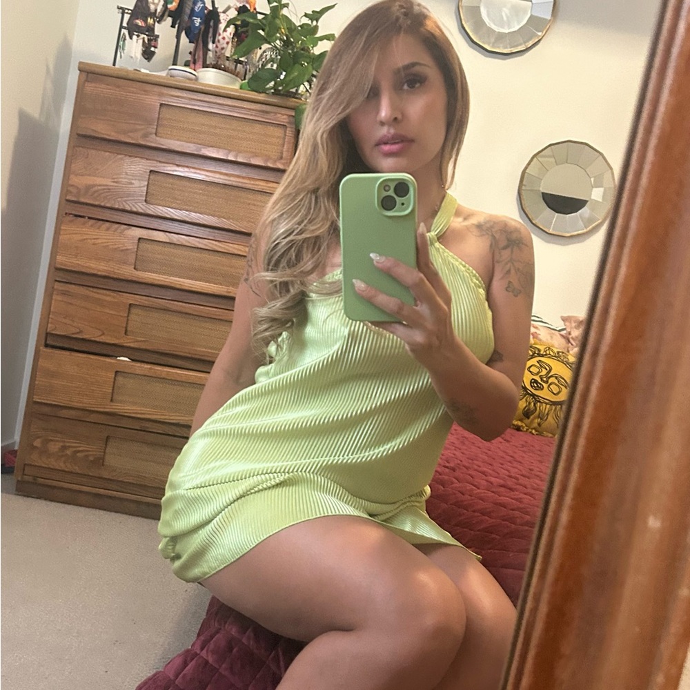 The Commense Elegant Lime Green Halter pleat Dress